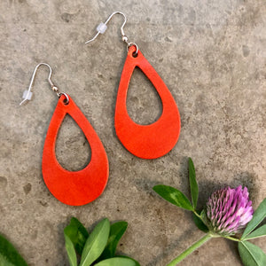 Bright Orange Teardrop Loop Leather Earrings