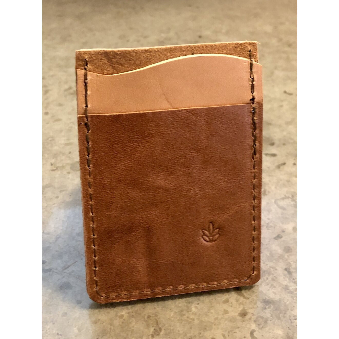 "Just the Essentials" Leather Card Wallet backside view in brown and light brown