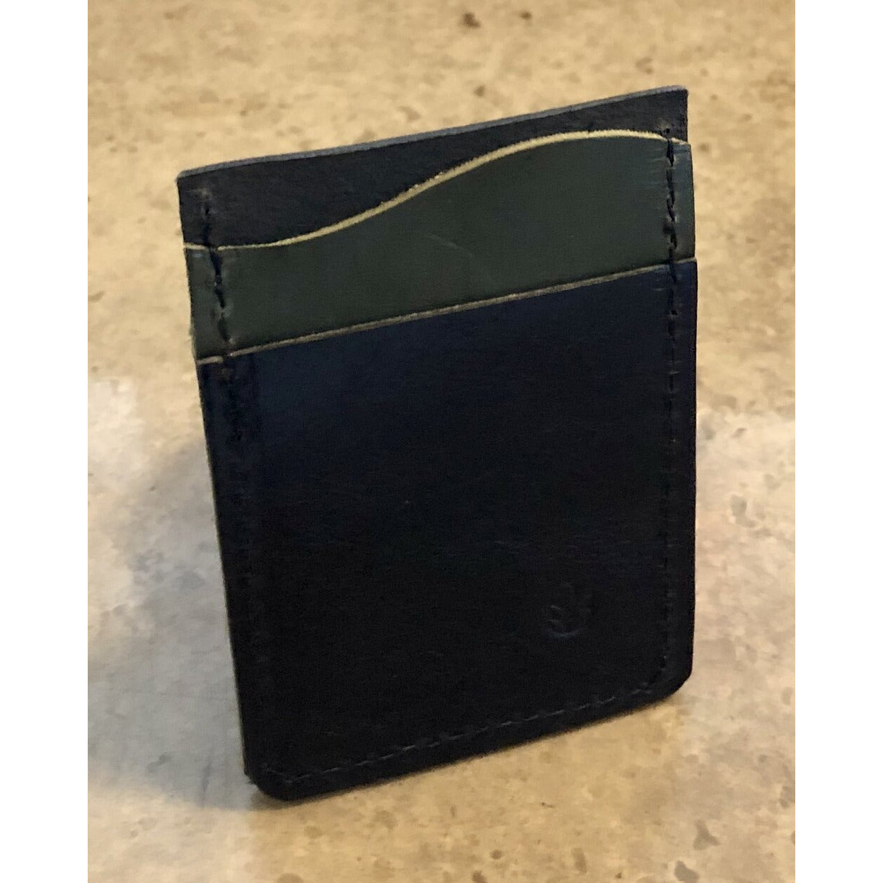 "Just the Essentials" Leather Card Wallet backside view in black and green