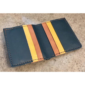 6 Pocket Leather Billfold in teal green, yellow and brown
