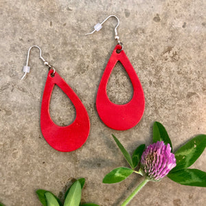 Red Teardrop Loop Leather Earrings