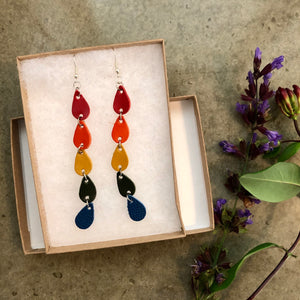 Rainbow 5 Teardrop Dangle Leather Earrings pictured in the box it comes with