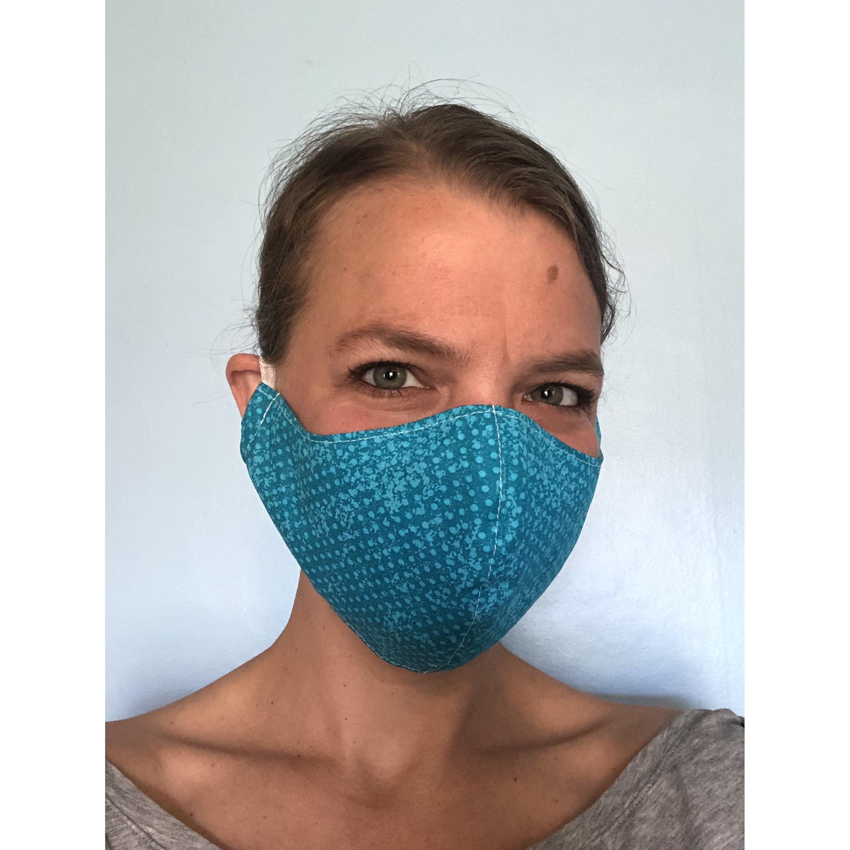 Turquoise Polka Dots Cotton Face Mask, on a face, right view