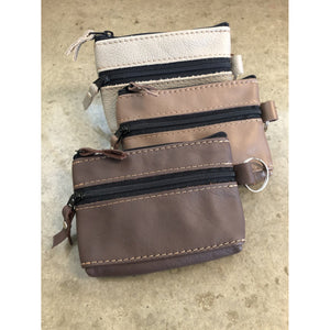 2 Zipper Leather Pouch in brown, light brown, and beige
