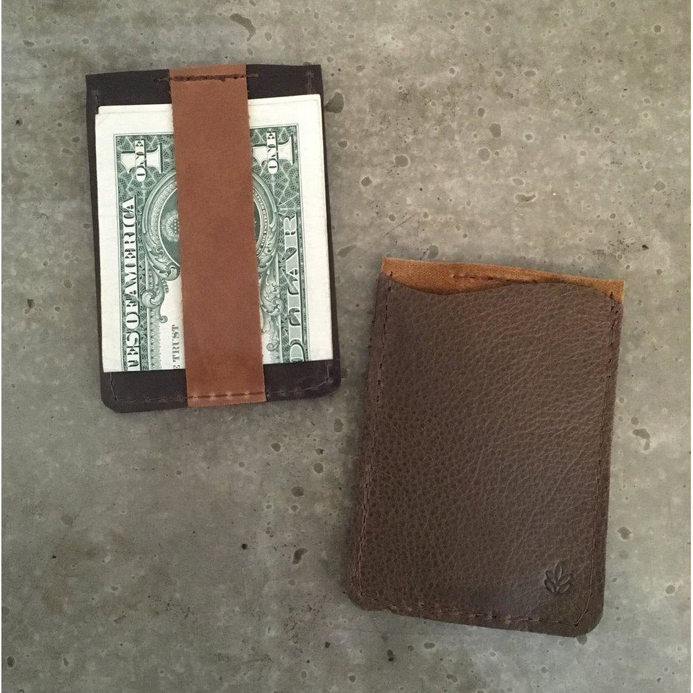 Leather Business Card Holder in Brown, holding a bill