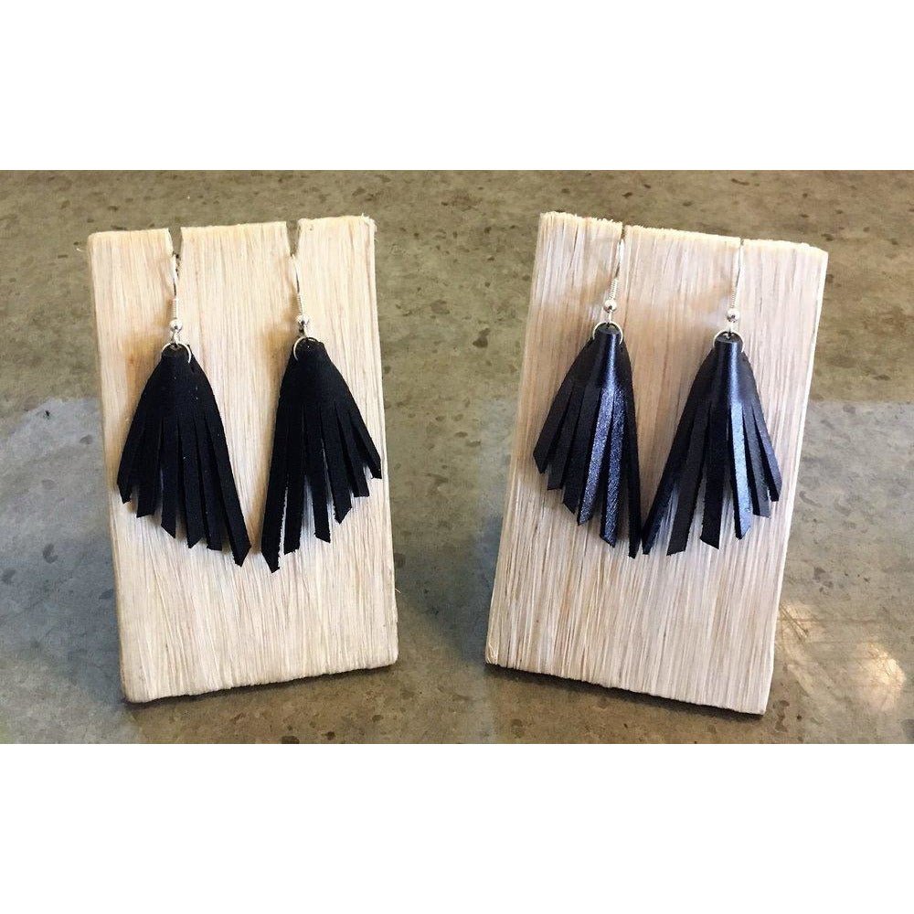 Leather Fringe Earrings in Matte Black and Metallic Silver