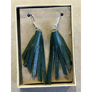 Forest Green Leather Fringe Earrings