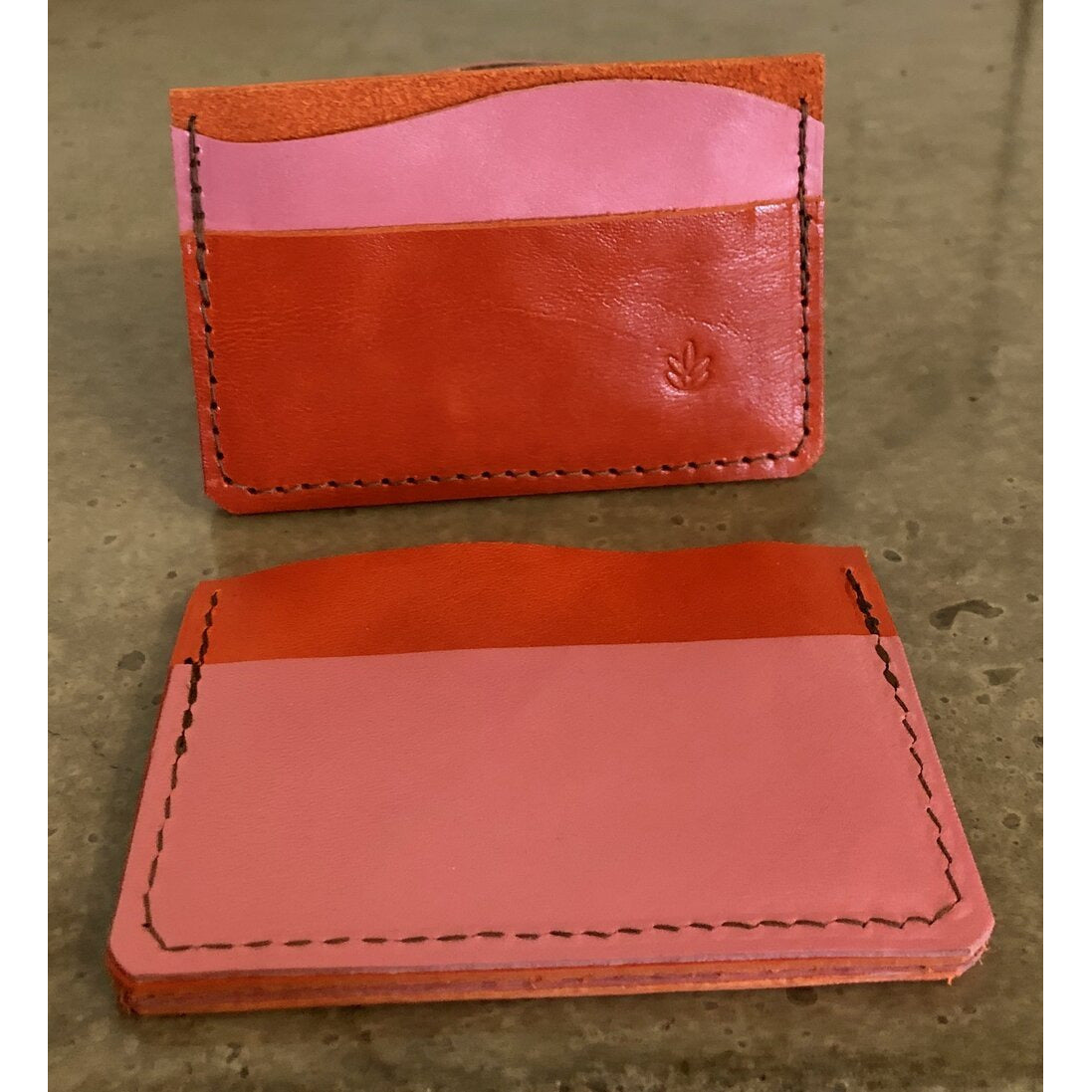 Minimalist 3 Pocket Leather Wallet in bright orange and bubblegum pink, front and back view