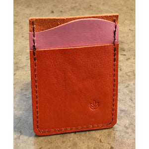 "Just the Essentials" Leather Card Wallet backside view in orange and bubblegum pink