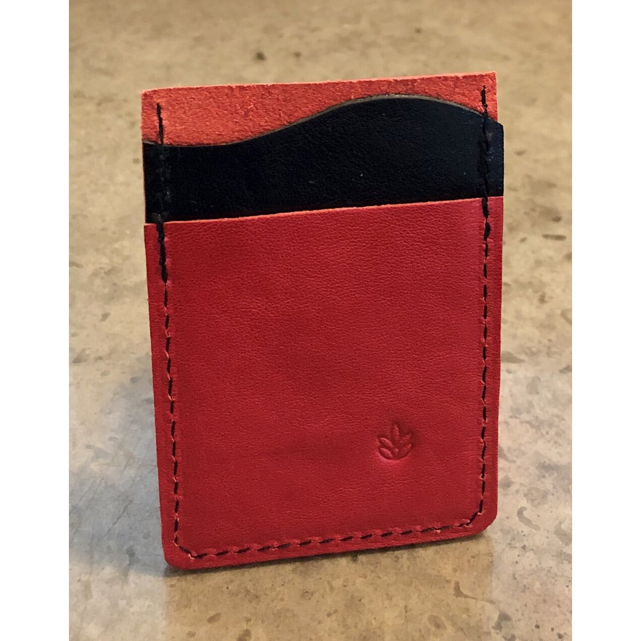 "Just the Essentials" Leather Card Wallet backside view in red and black