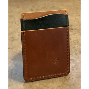 "Just the Essentials" Leather Card Wallet backside view in brown and forest green