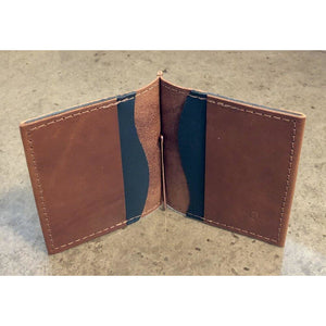 Leather Money Clip Wallet, Brown with Teal Pockets