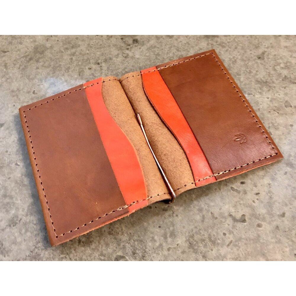 Leather Money Clip Wallet, Brown with Bright Orange Pockets