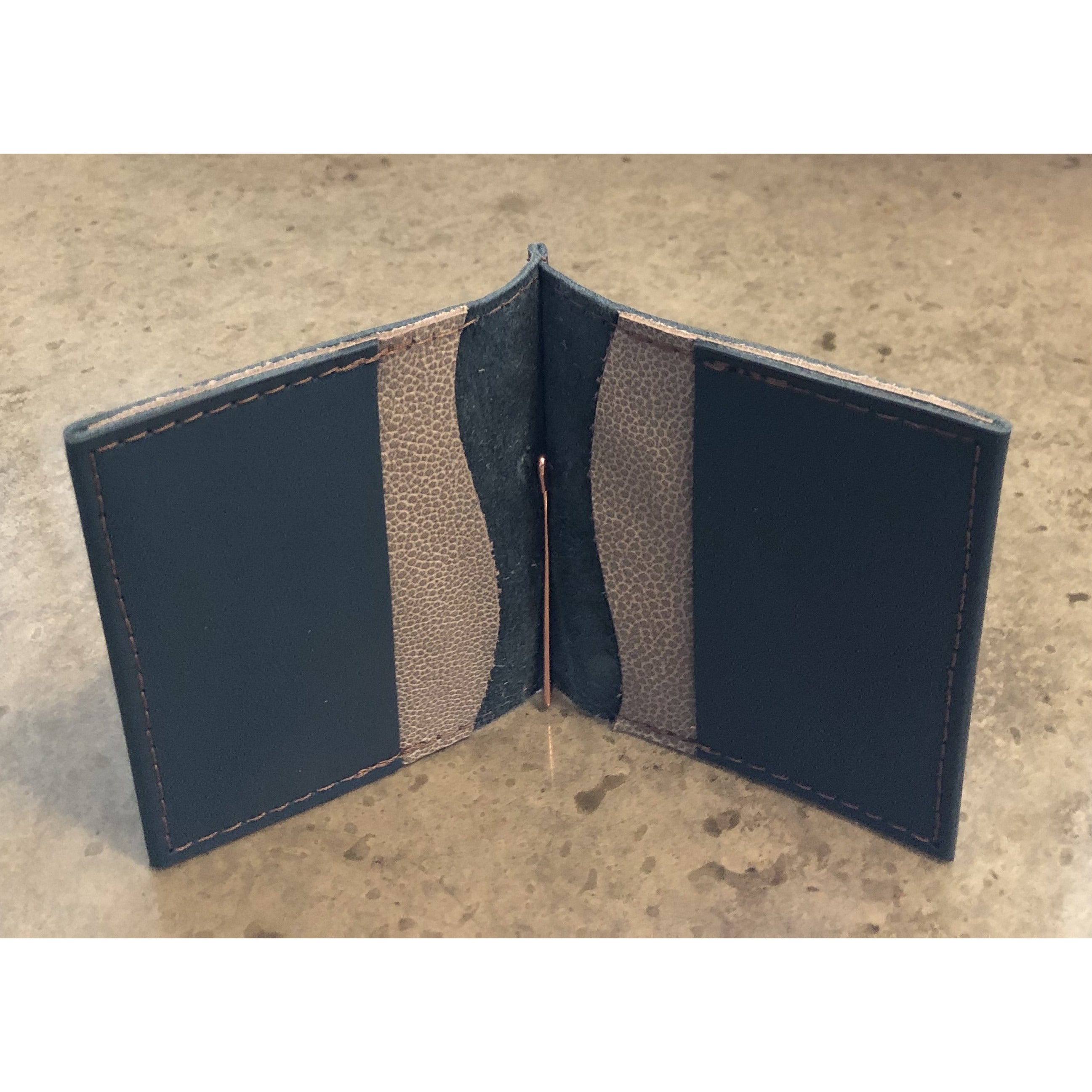 Leather Money Clip Wallet, in teal with spotted off white pockets