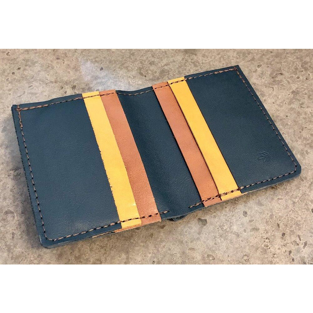 6 Pocket Leather Billfold in teal green, yellow and brown