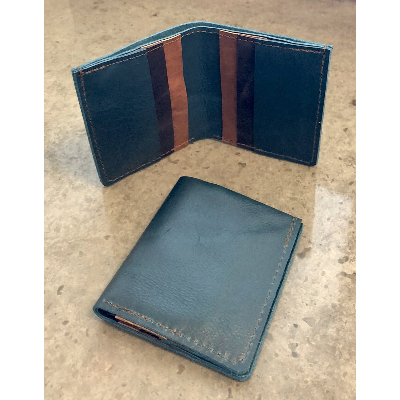 6 Pocket Leather Billfold in shiny teal green and brown