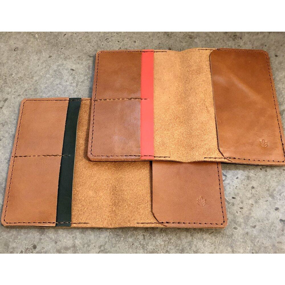 Leather Passport Wallet in brown, with forest green or bright orange pocket accent