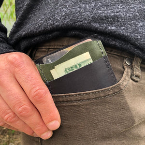 "Just the Essentials" Leather Card Wallet in front pocket holding cash and card